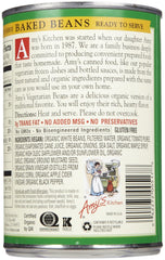 Amy's Organic Vegetarian Baked Beans label close-up highlights clean ingredients and no hydrogenated fats
