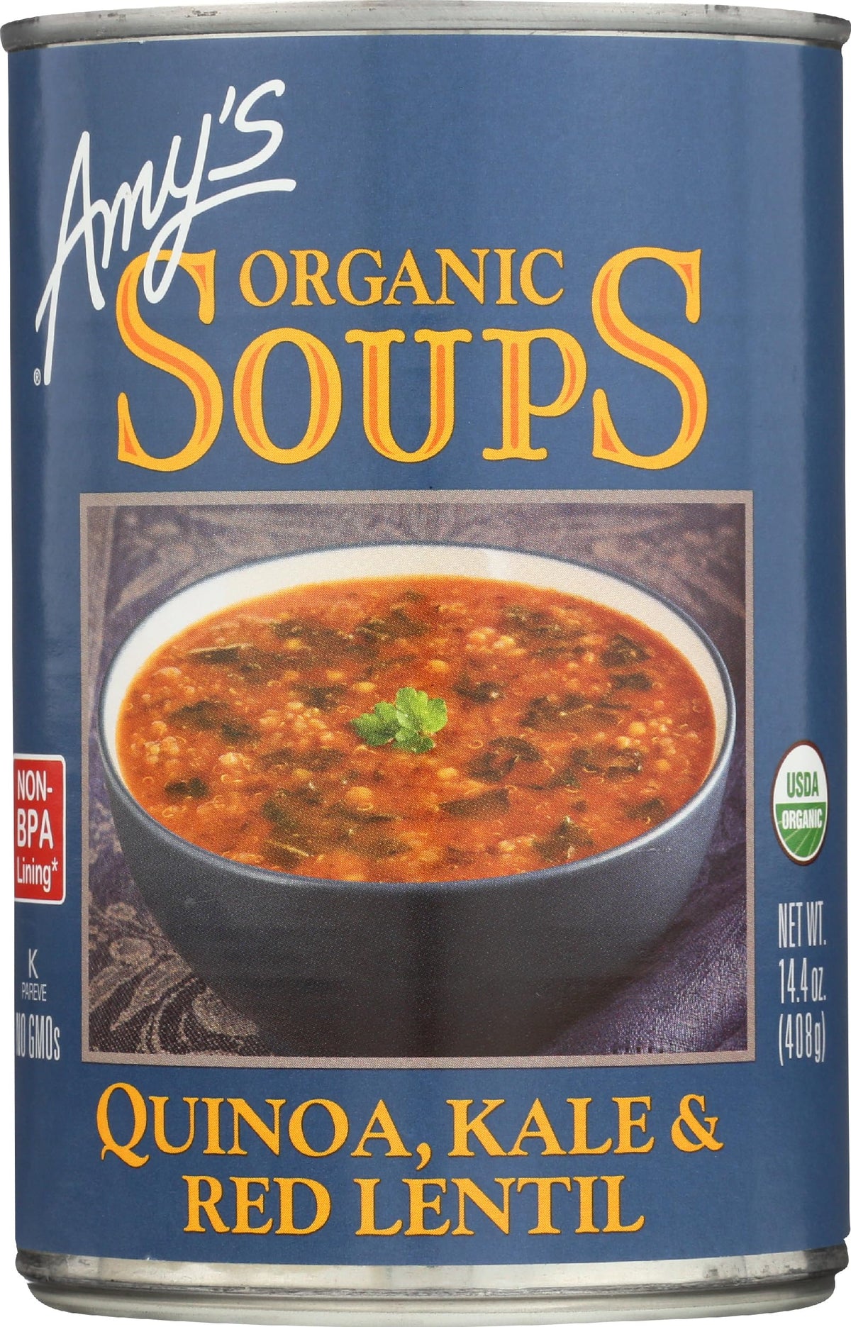 Amy's Quinoa Kale Red Lentil Soup can, ready-to-heat meal for busy days.