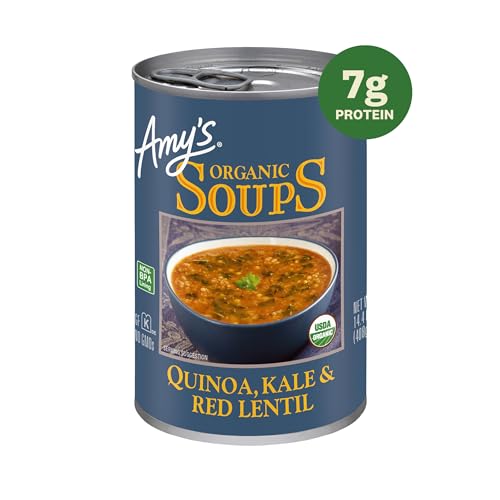 Amy's soup cans showing organic kale, red lentils and quinoa.