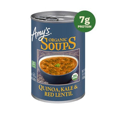 Amy's soup cans showing organic kale, red lentils and quinoa.