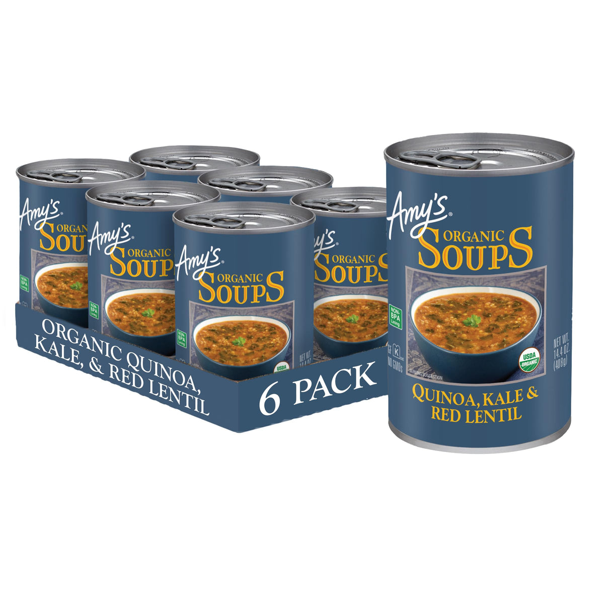 Amy's six-pack soup cans for quick plant-based meals.