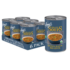 Amy's six-pack soup cans for quick plant-based meals.