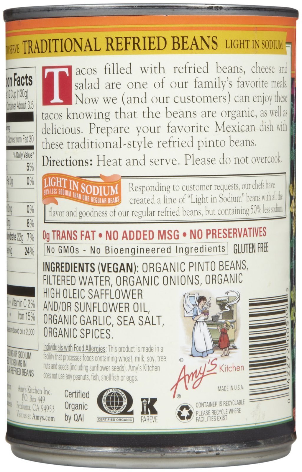 Can and spoon shot of Amy's Organic refried beans showcases ready-to-use base