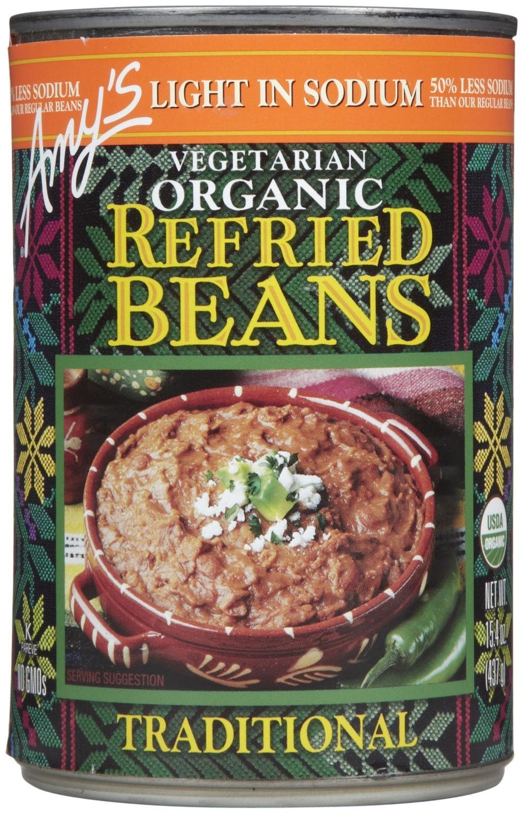 Amy's Organic refried beans can front view highlights traditional recipe