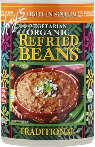 Amy's Organic refried beans label close-up emphasizes organic ingredients