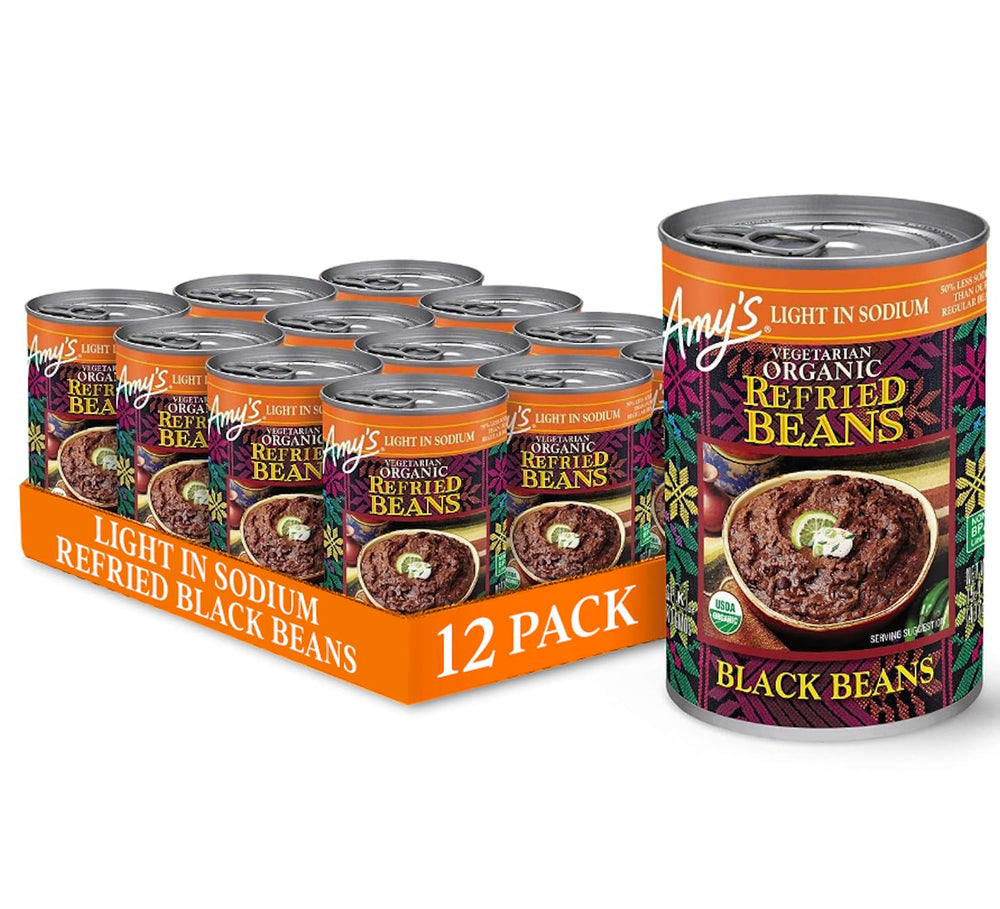 Amy's refried black beans light-sodium pack of 12 cans for convenient vegan meals.