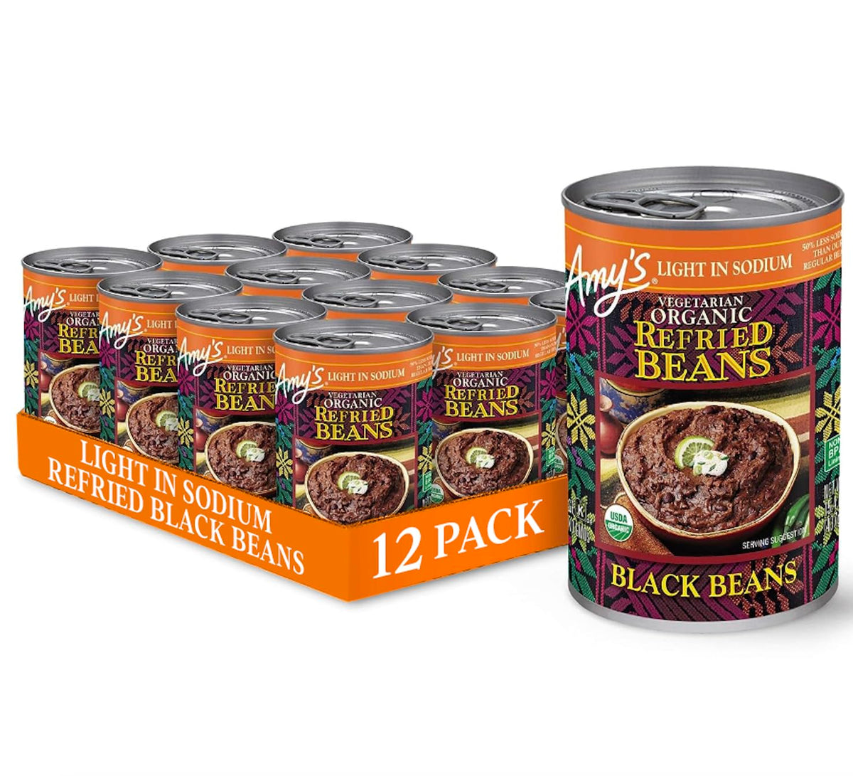 Amy's refried black beans light-sodium pack of 12 cans for convenient vegan meals.