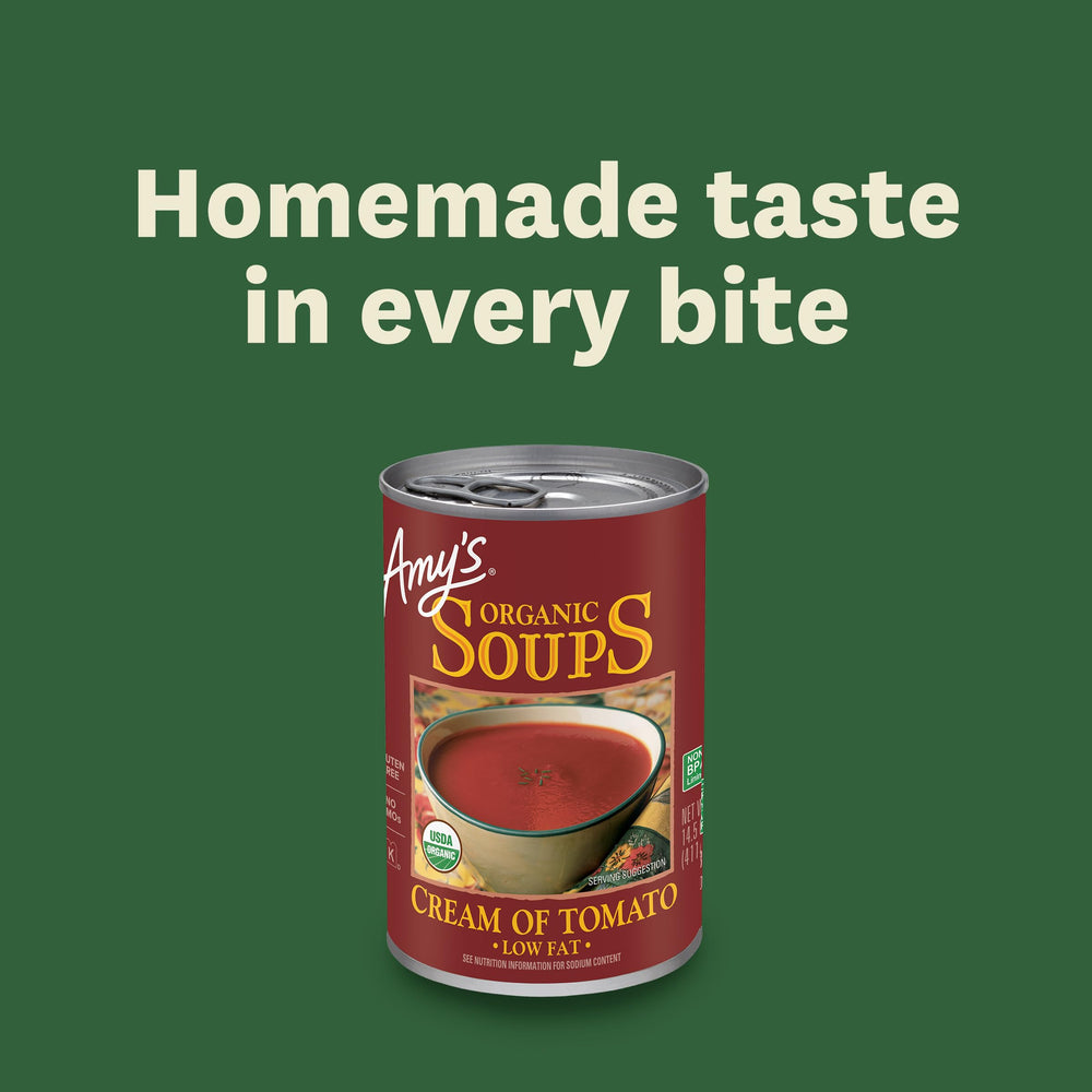 Amy's soup cans in pantry, showing convenient stocking for families.