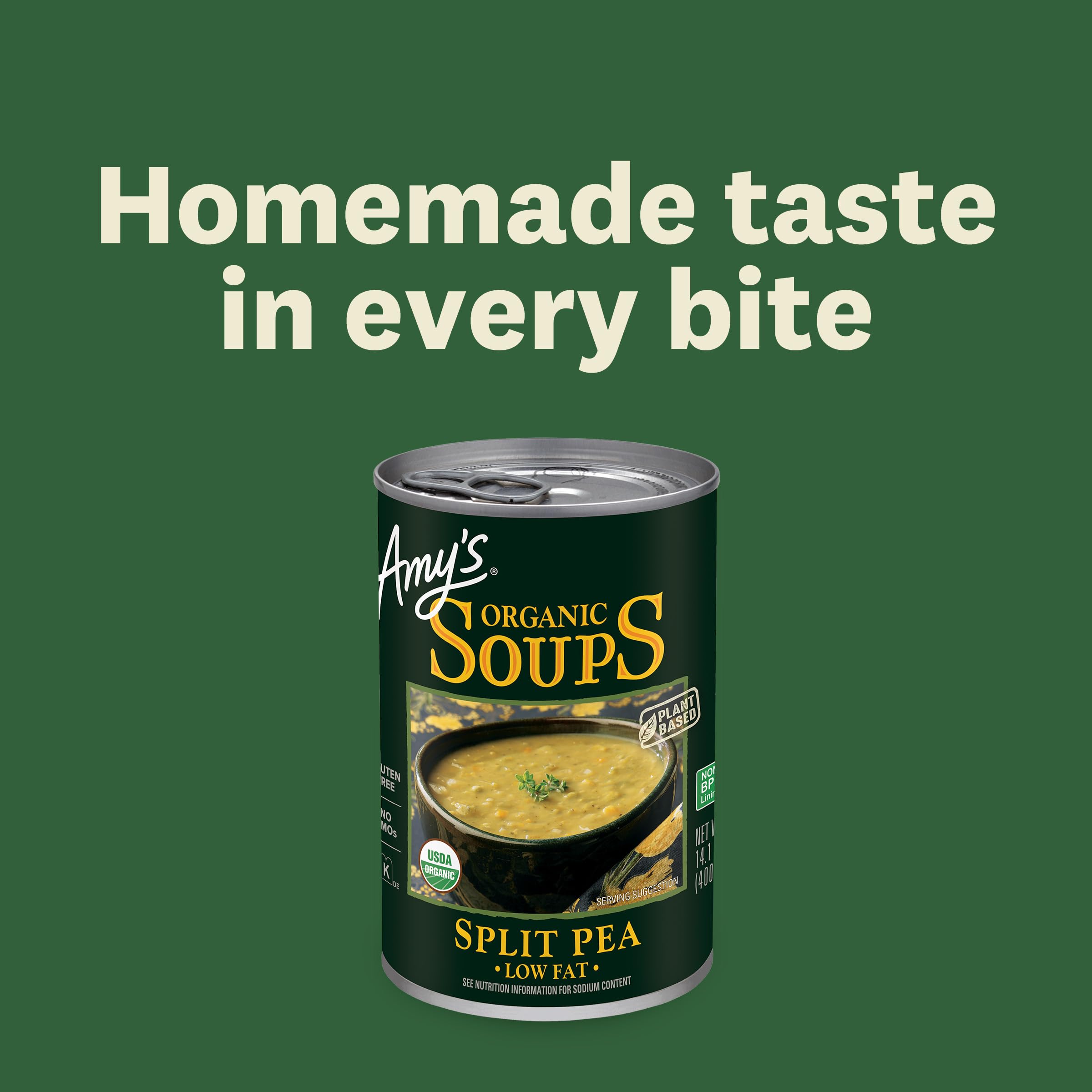 Amy's Soup can close-up showing recyclable packaging and kosher certification.
