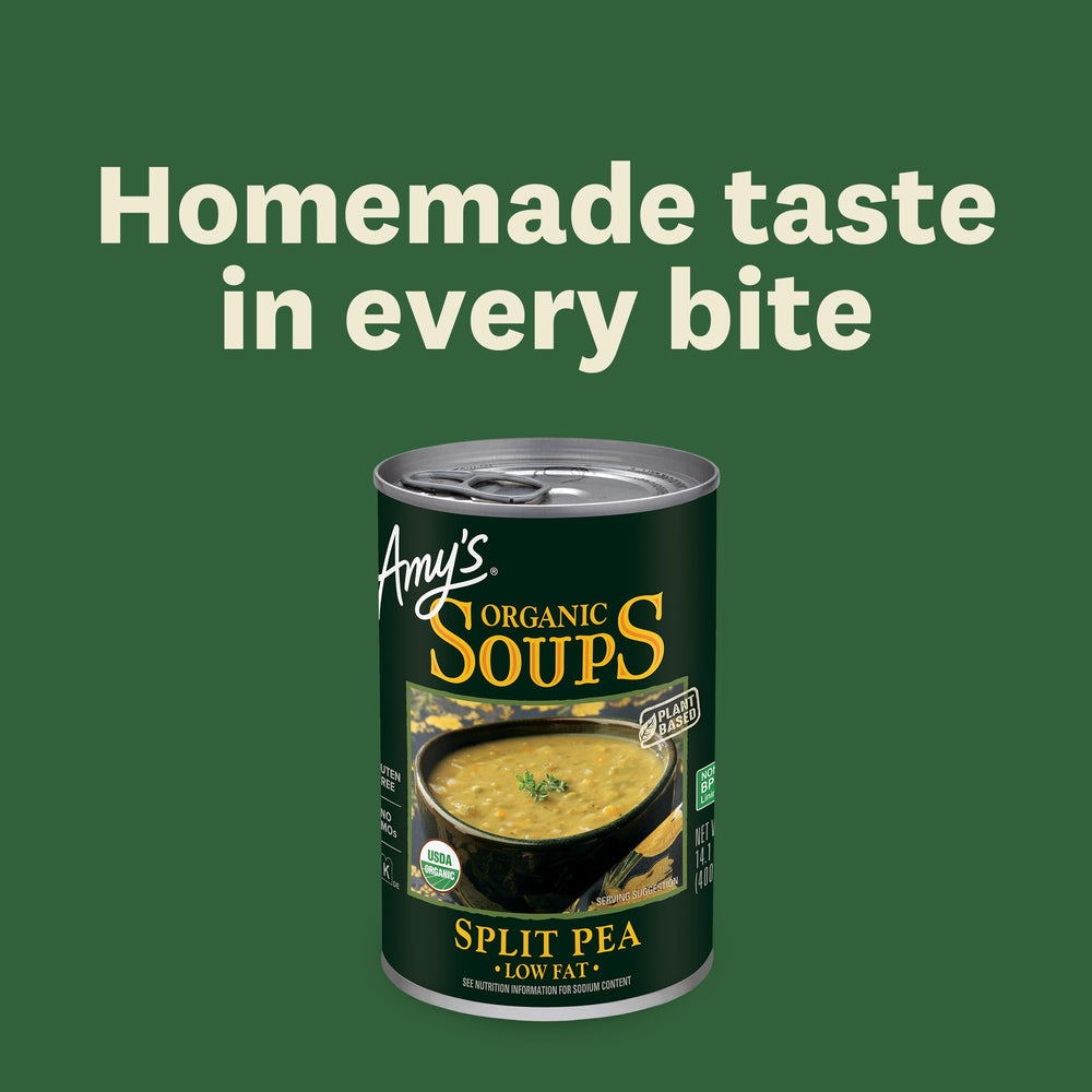 Amy's Soup can close-up showing recyclable packaging and kosher certification.