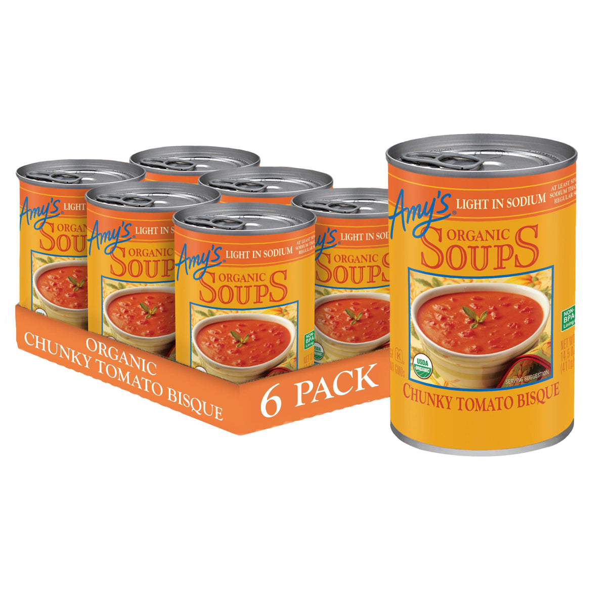 Amy's Chunky Tomato Bisque can front view highlights organic ingredients for a comforting meal