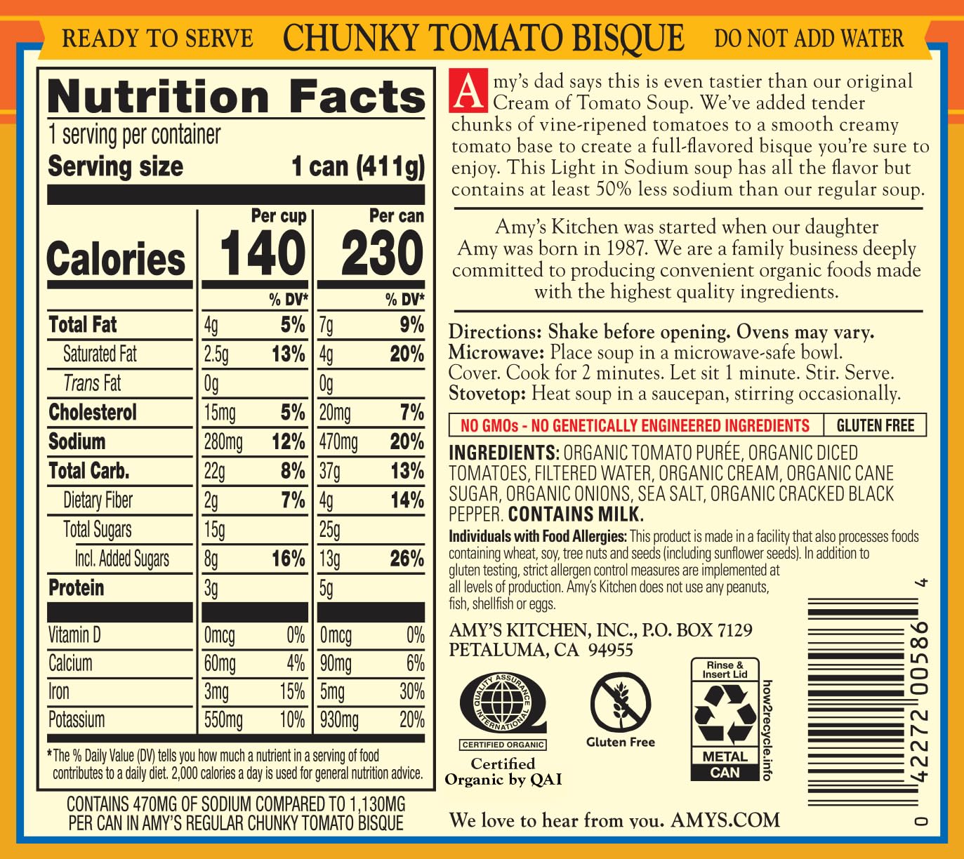 Amy's Chunky Tomato Bisque can label emphasizes light sodium and gluten-free options