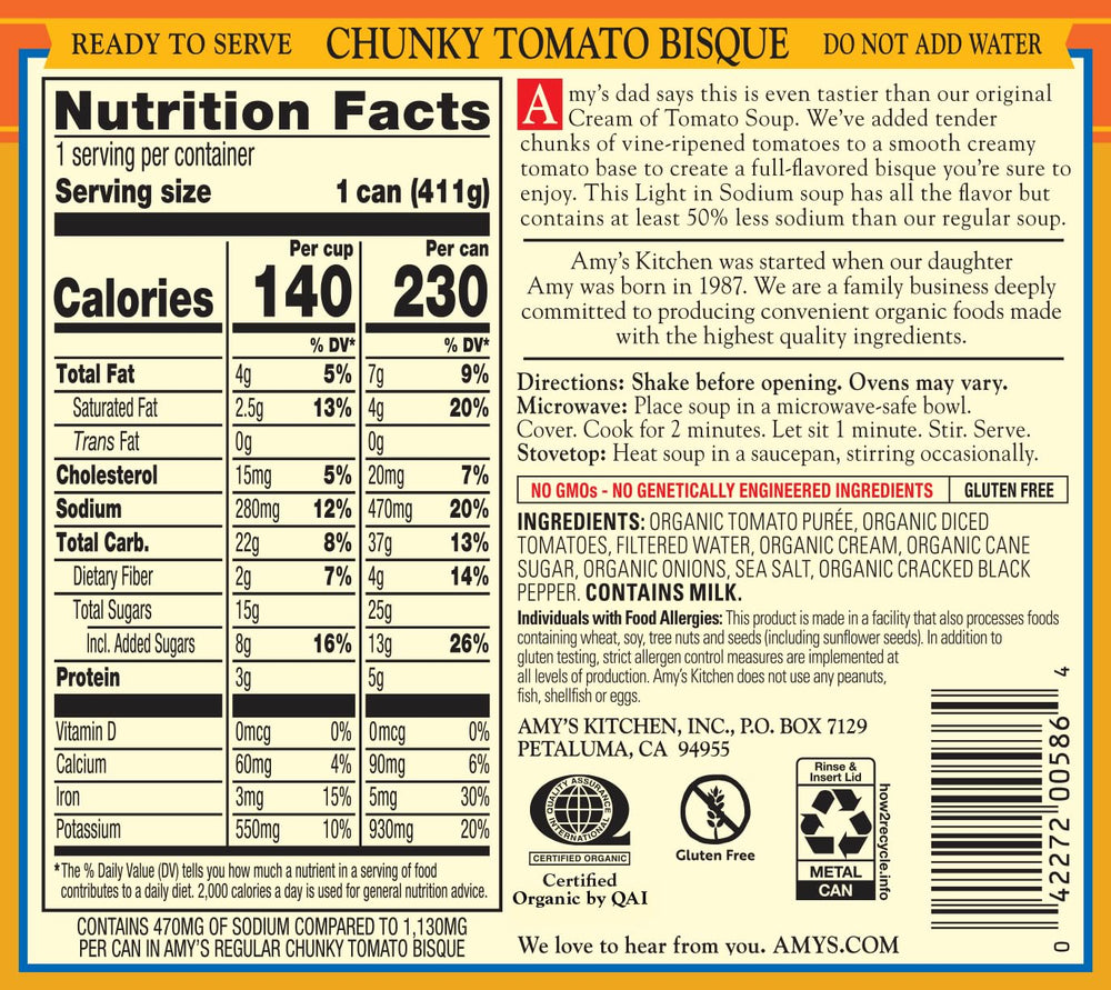 Amy's Chunky Tomato Bisque can label emphasizes light sodium and gluten-free options