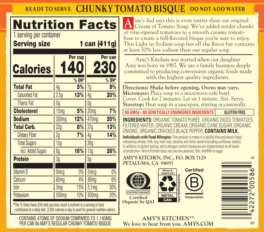 Amy's Chunky Tomato Bisque can opened reveals creamy texture