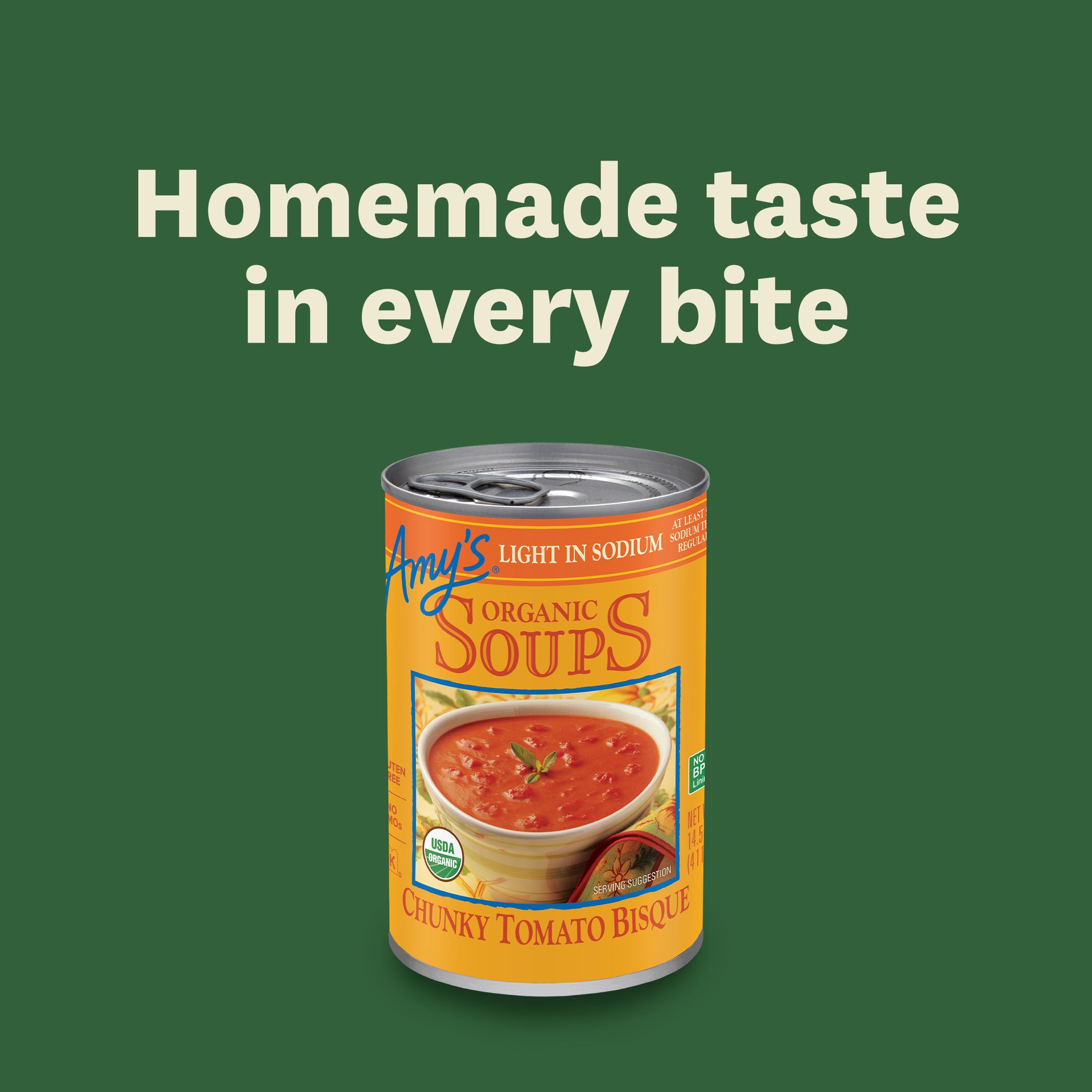 Ingredients panel on Amy's Chunky Tomato Bisque highlights organic tomatoes
