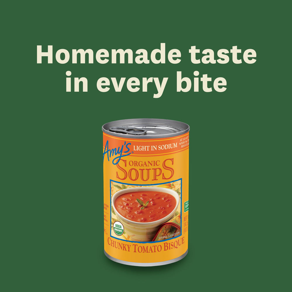 Amy's Chunky Tomato Bisque microwave-ready bowl demonstrates quick heat-and-serve