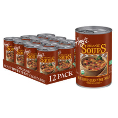 Amy's Fire Roasted Southwestern Vegetable Soup can label shows organic quality.