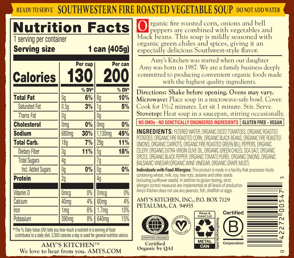 Opened Amy's Fire Roasted Southwestern Vegetable Soup can reveals colorful vegetables and beans for a quick meal.
