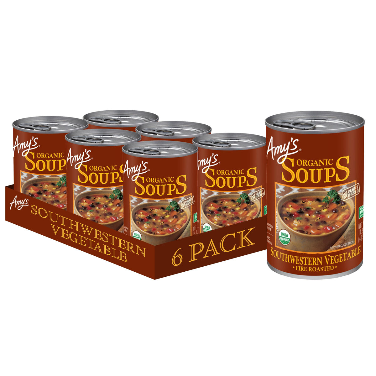 Amy’s Soup front of can with brand logo and organic ingredients for quick meals