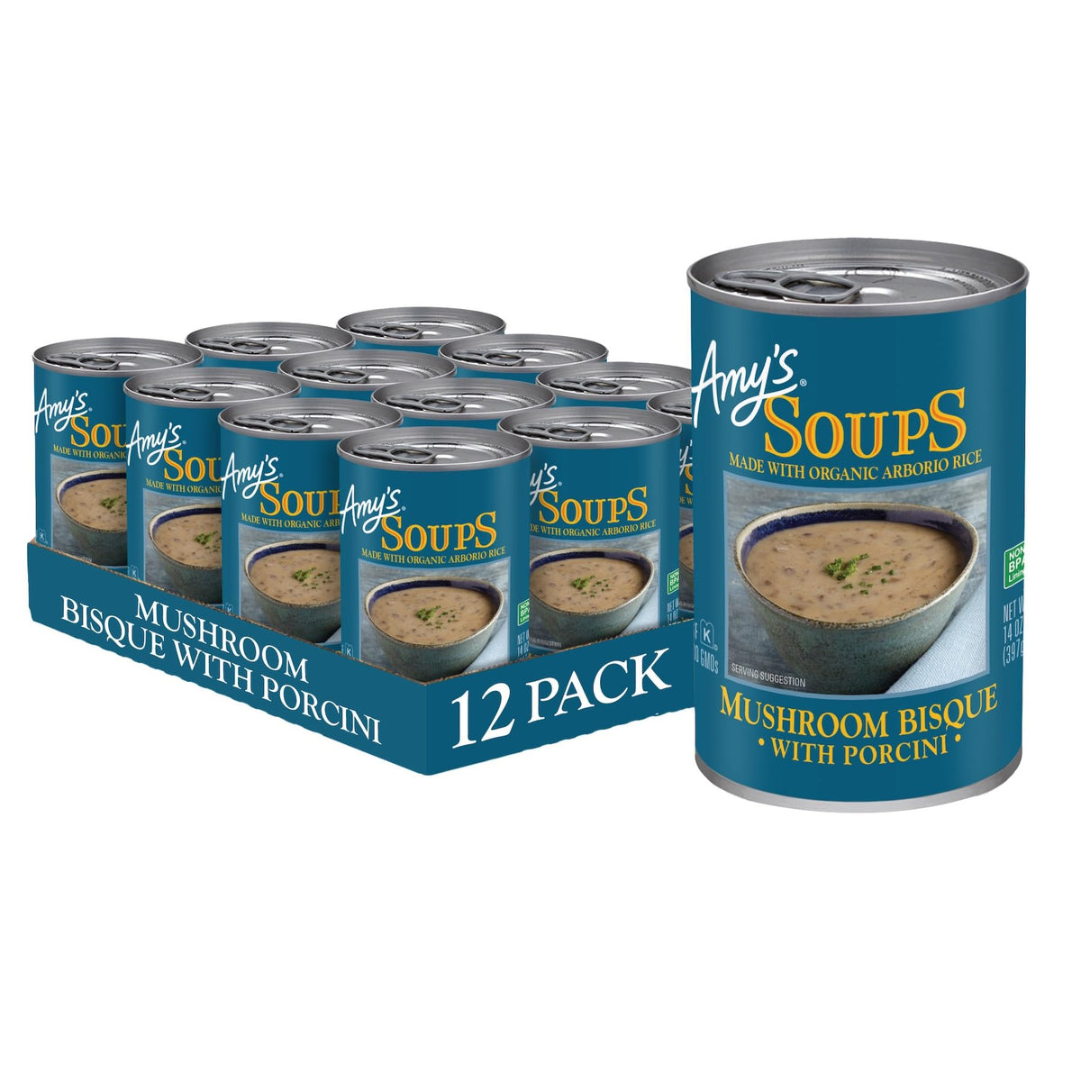 Amy's Mushroom Bisque with Porcini in a creamy bowl for a comforting vegetarian option.