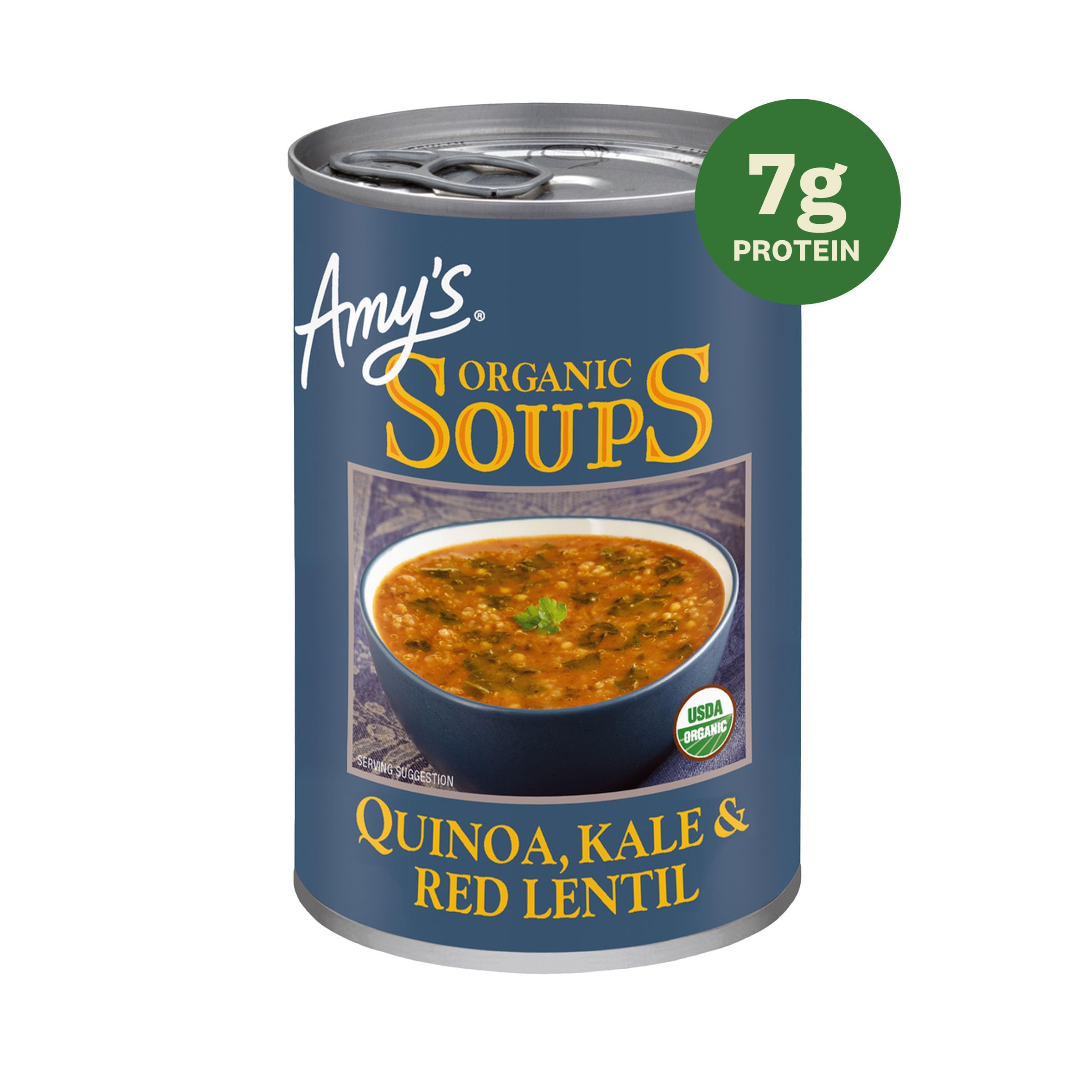 Amy's Soup Lentil can-front view showcasing protein-rich plant soup.