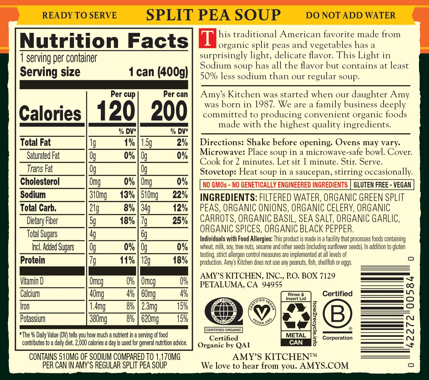Amy's Split Pea Soup can emphasizes 50% lower sodium for lighter lunches
