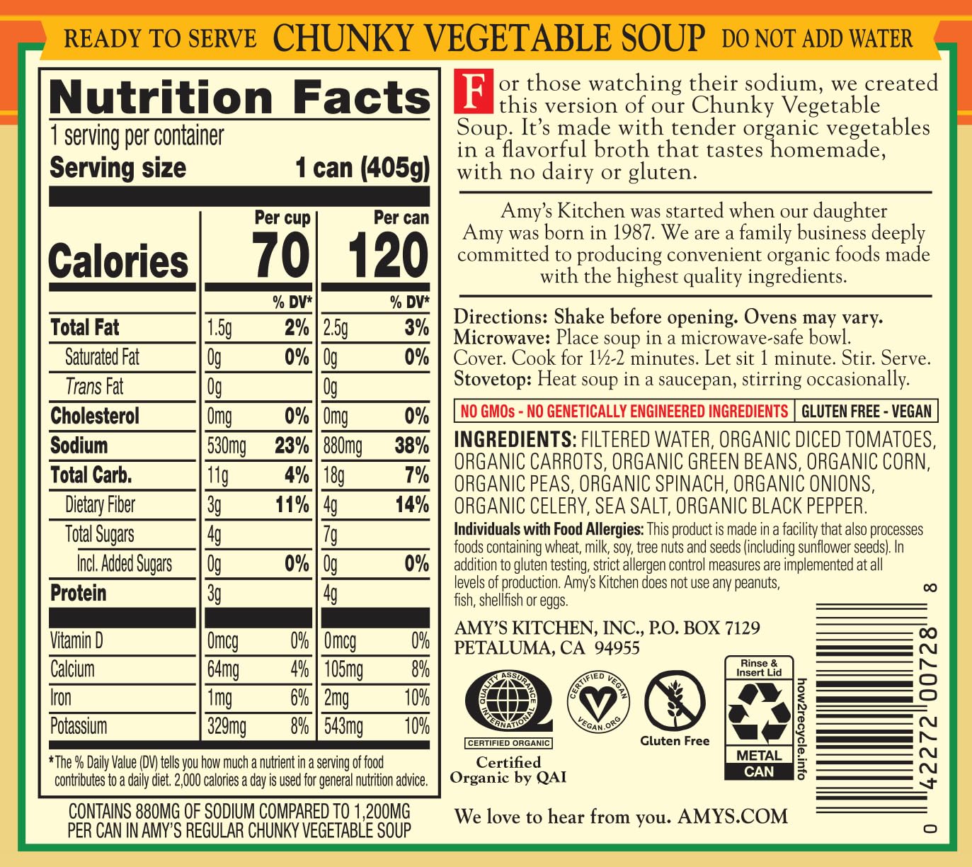 Amy's Organic Reduced Sodium can label highlighting organic certification