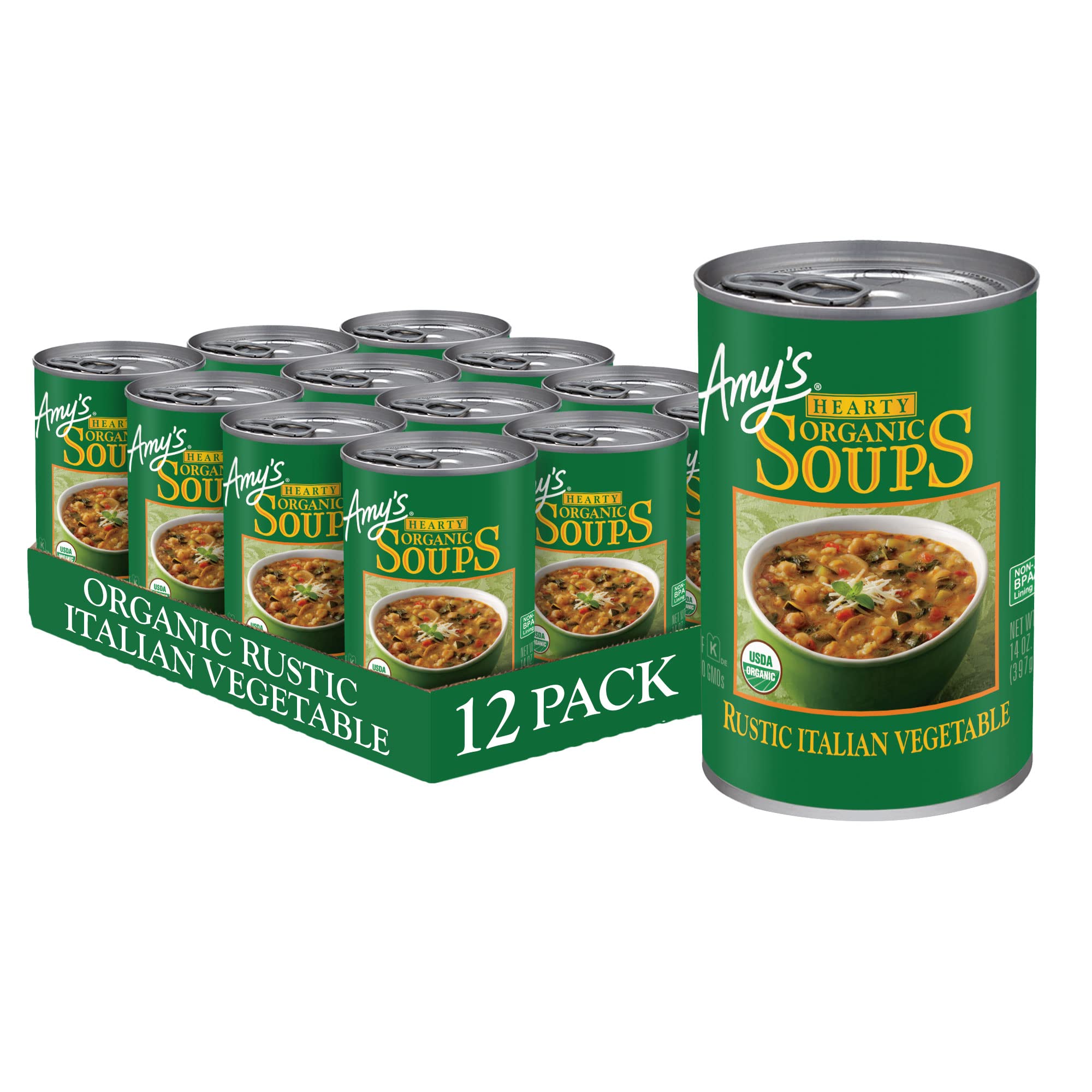 Amy's Organic Rustic Italian Vegetable Soup cans on a pantry shelf for quick vegan meals