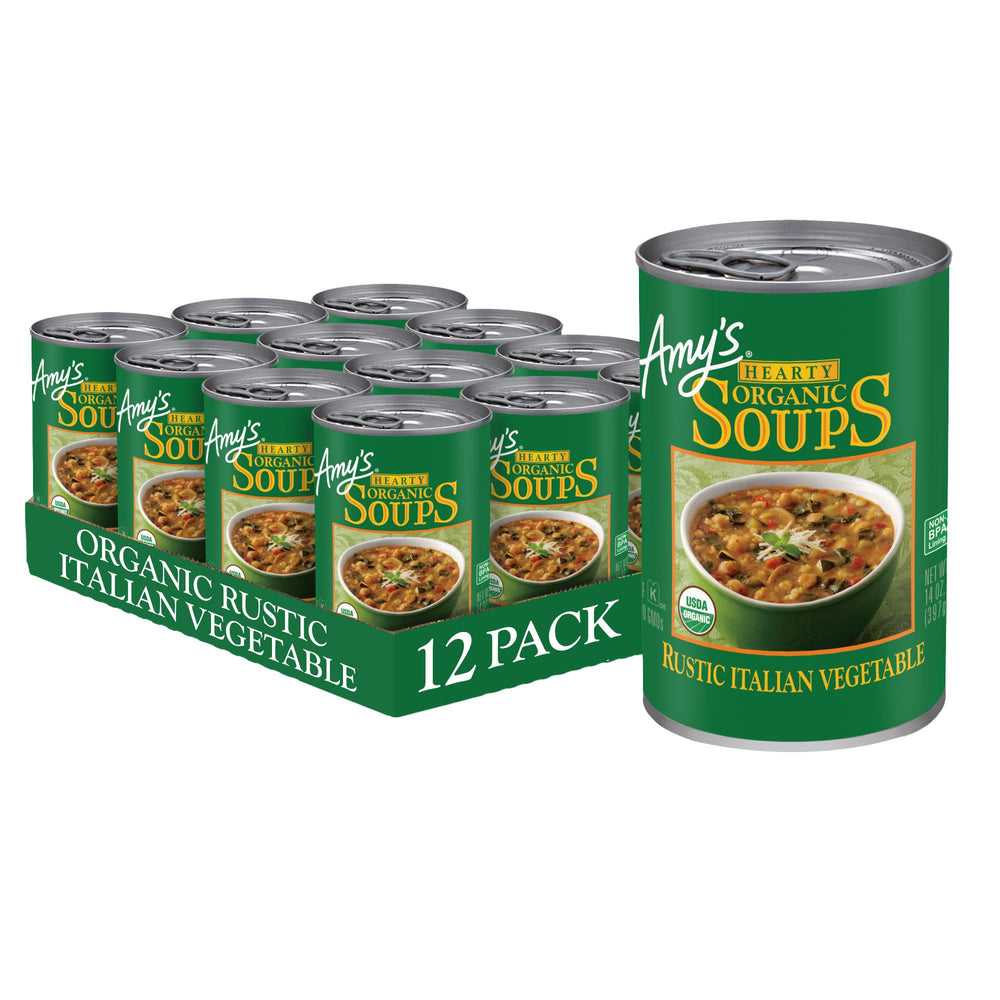 Amy's Organic Rustic Italian Vegetable Soup cans on a pantry shelf for quick vegan meals