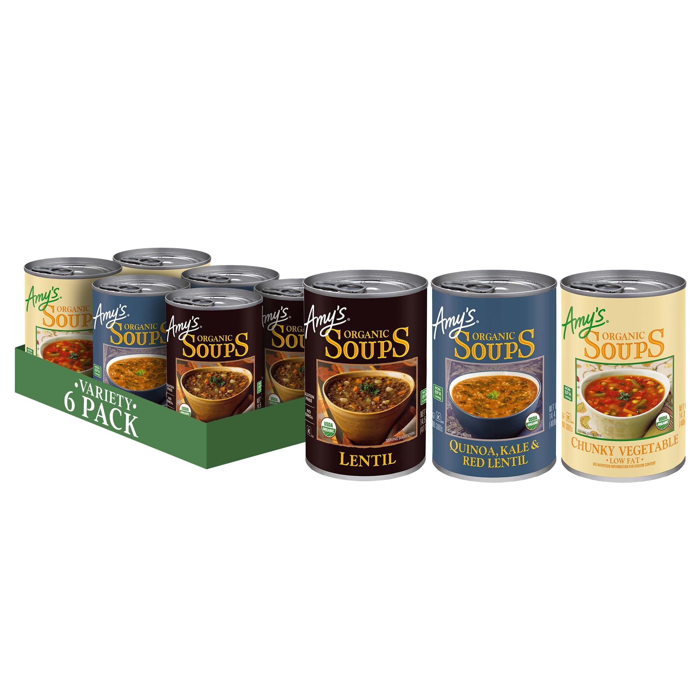 Amy's Soup Organic Variety Pack can-front view for quick plant-based meals.