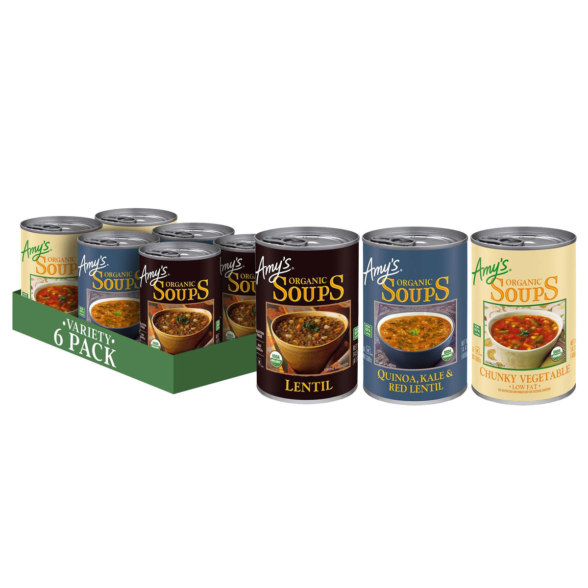 Amy's Soup Organic Variety Pack can-front view for quick plant-based meals.