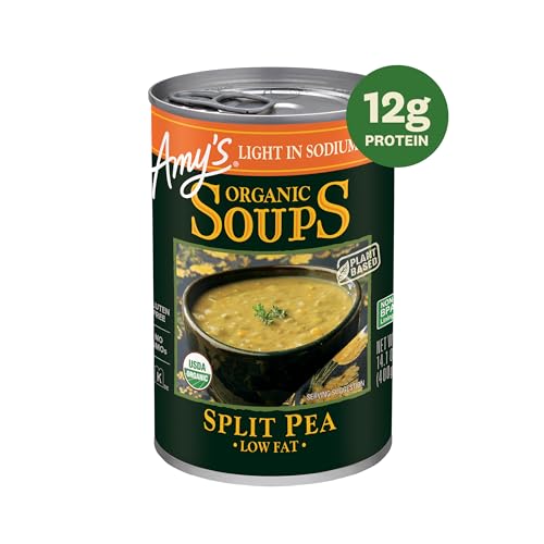 Amy's Soup shows organic vegetables and green split peas in a ready-to-heat can