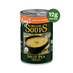 Amy's Soup shows organic vegetables and green split peas in a ready-to-heat can