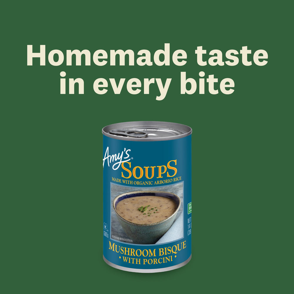 Amy's Twelve-pack mushroom bisque cans arranged for convenient pantry storage.