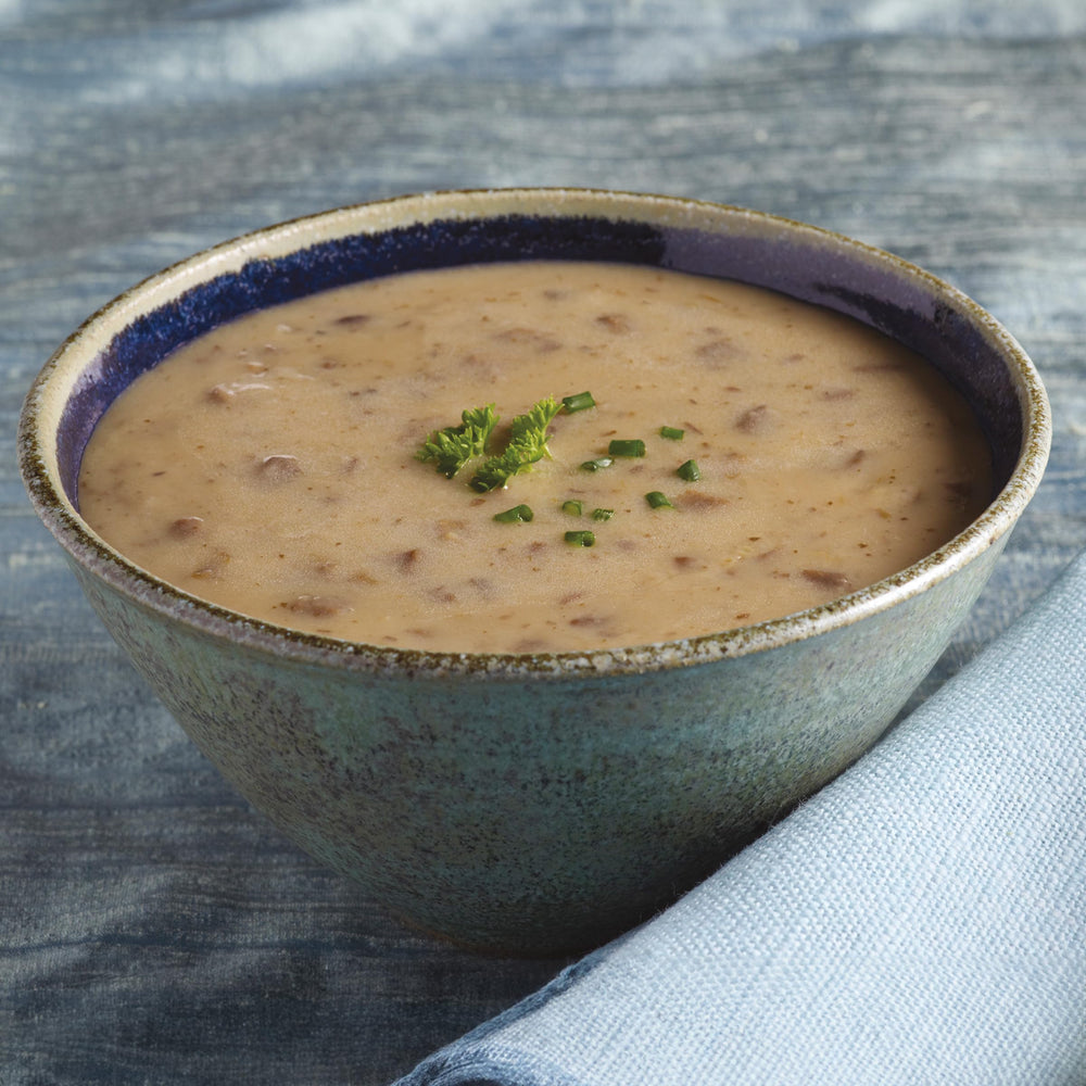 Amy's Mushroom Bisque with Porcini features creamy texture with Arborio rice.