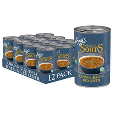Amy's Soup can close-up, quinoa, kale and lentils visible, protein-rich lunch option.