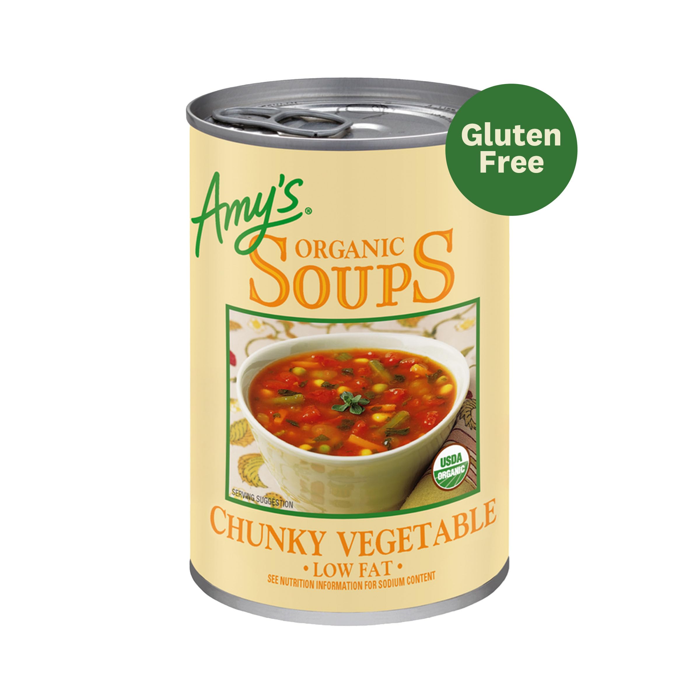 Amy's Soup Quinoa Kale and Red Lentil can-front view with wholesome grains.