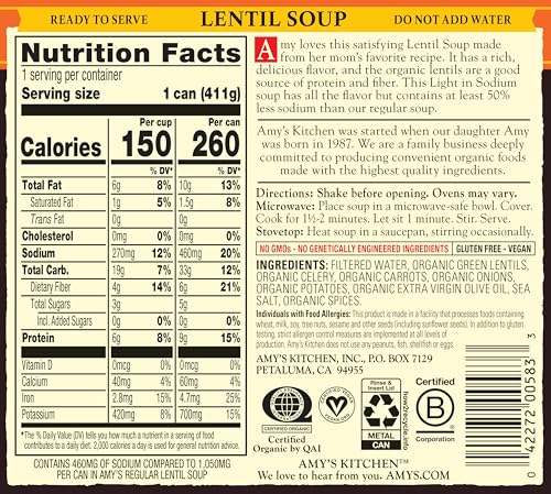 Amy's Lentil Soup cans front label close-up highlighting organic, non-GMO quality