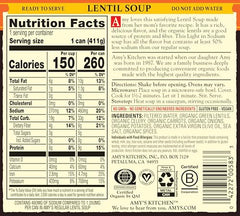 Amy's Lentil Soup cans front label close-up highlighting organic, non-GMO quality