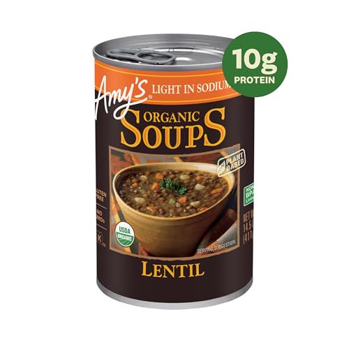 Amy's Lentil Soup label close-up featuring 12g protein per serving