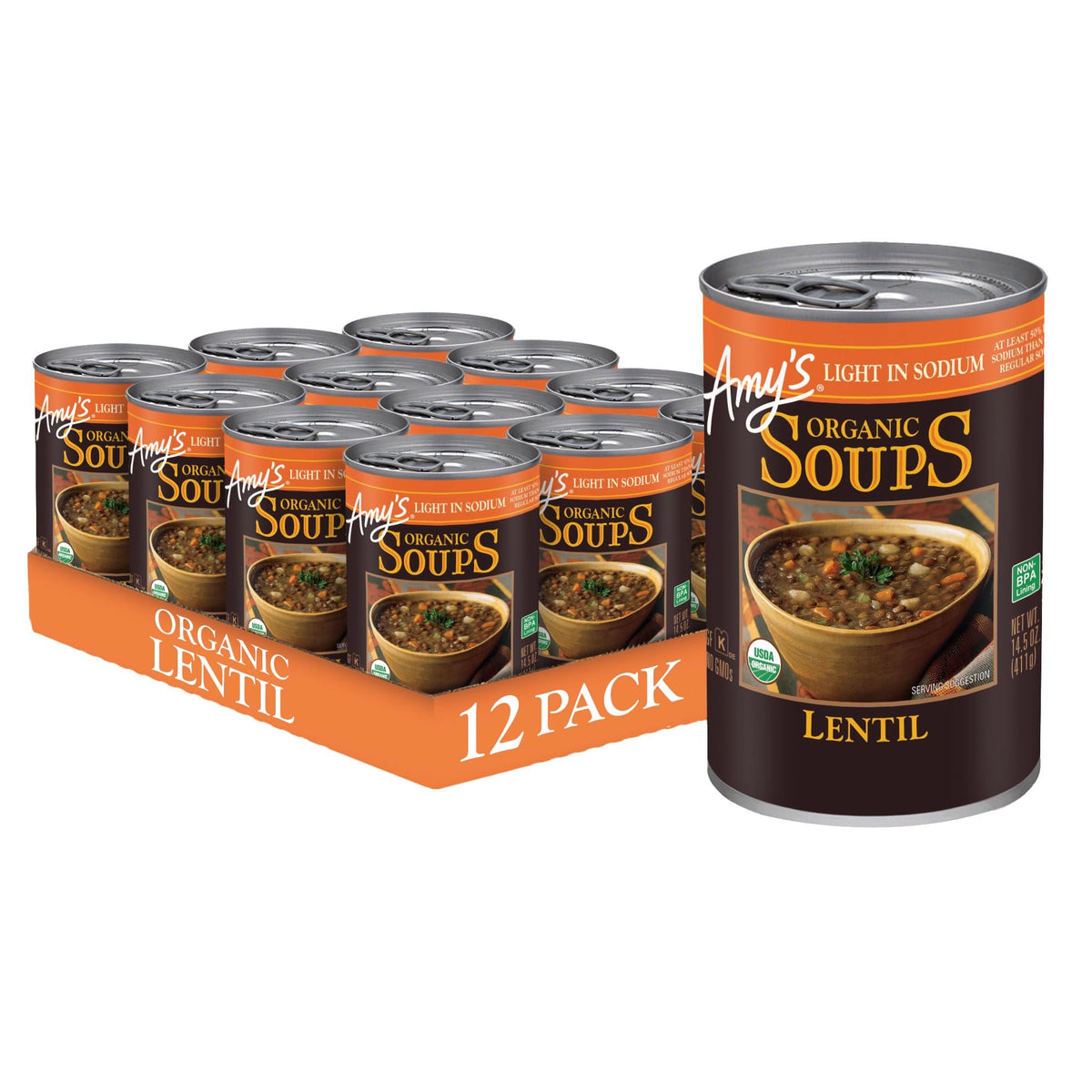 Amy's Lentil Soup pack12 front view showing convenient plant-based meal option