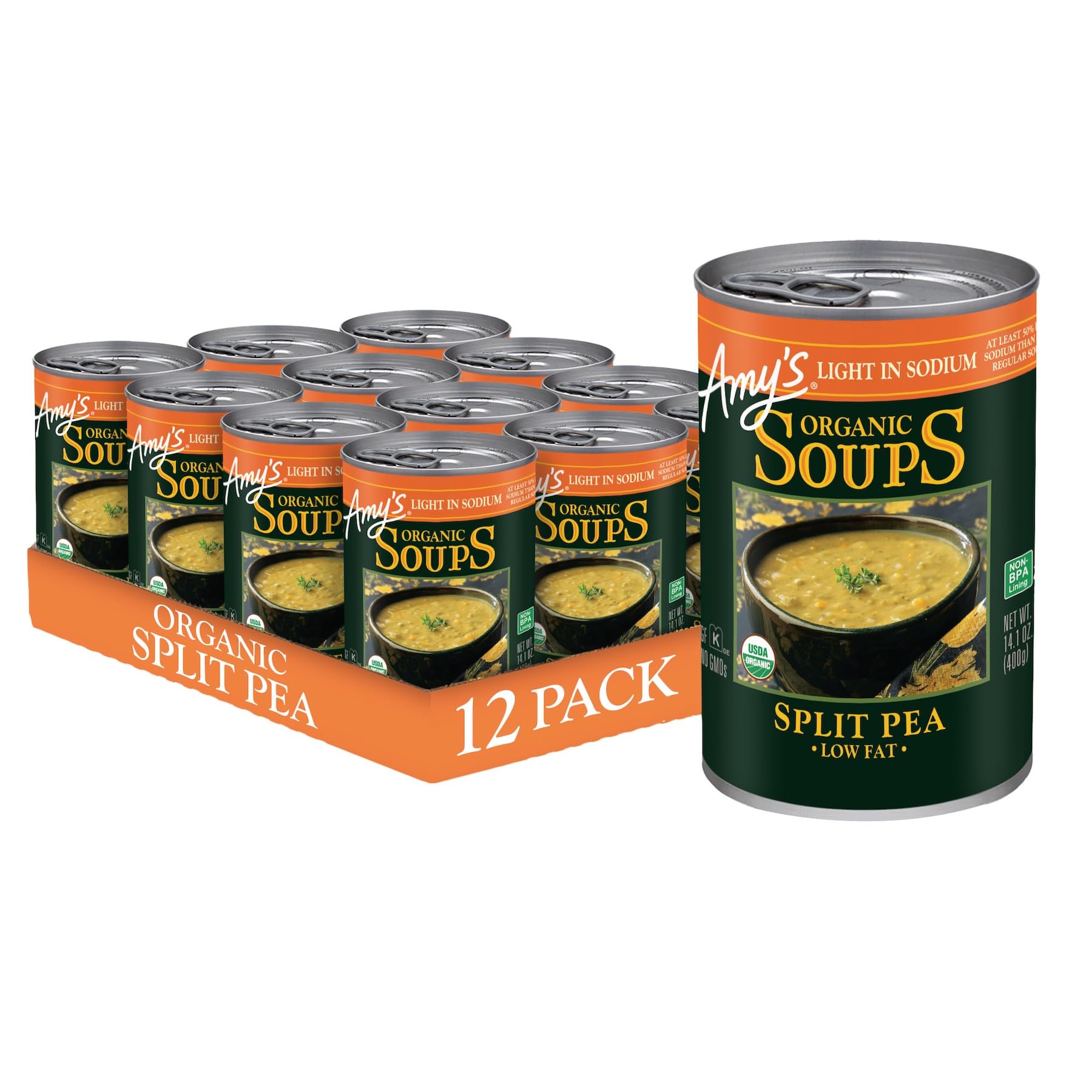 Amy's Organic Split Pea Soup can featuring organic ingredients for a quick plant-based meal