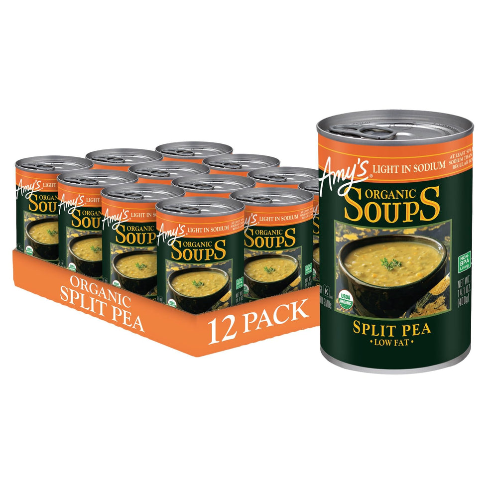 Amy's Organic Split Pea Soup can featuring organic ingredients for a quick plant-based meal