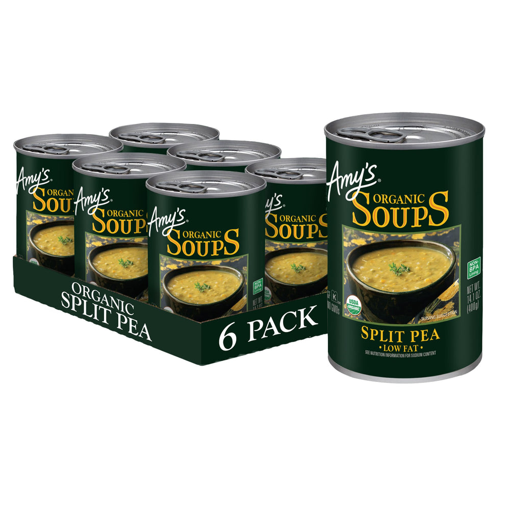 Amy's Soup vegan split pea cans six-pack shown, gluten-free and plant-based convenience.