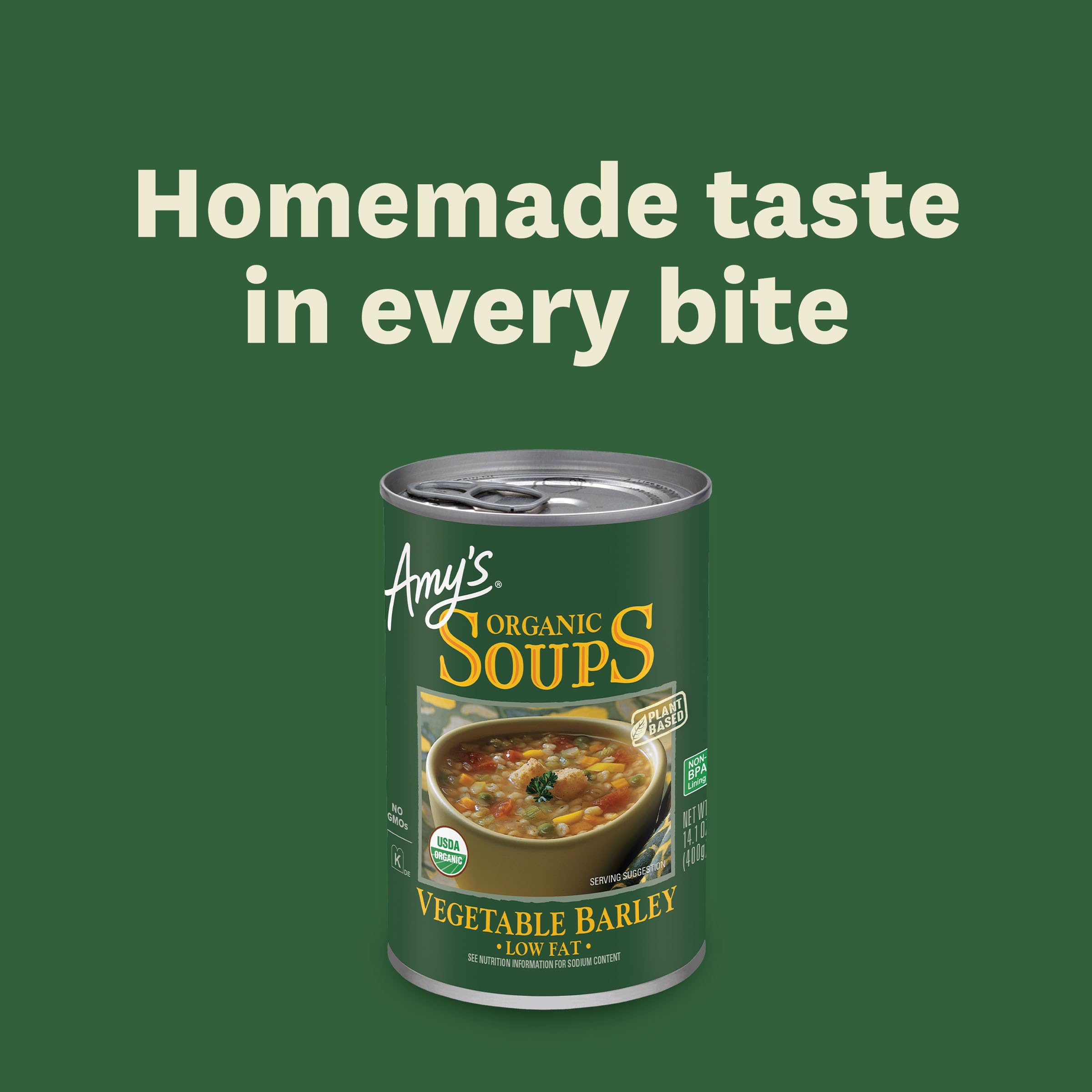 Steam rises from a bowl of Amy's Vegetable Barley Soup, a cozy meal.