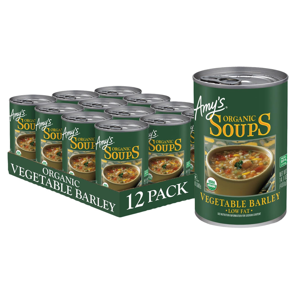 Amy's Vegetable Barley Soup with tomatoes, a comforting plant-based option.