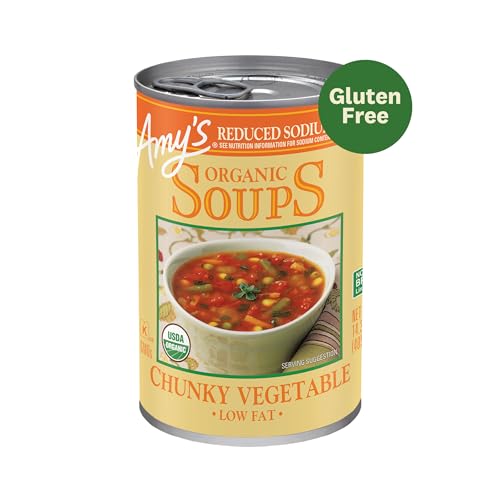 Organic vegetables in Amy's soup including tomatoes and greens