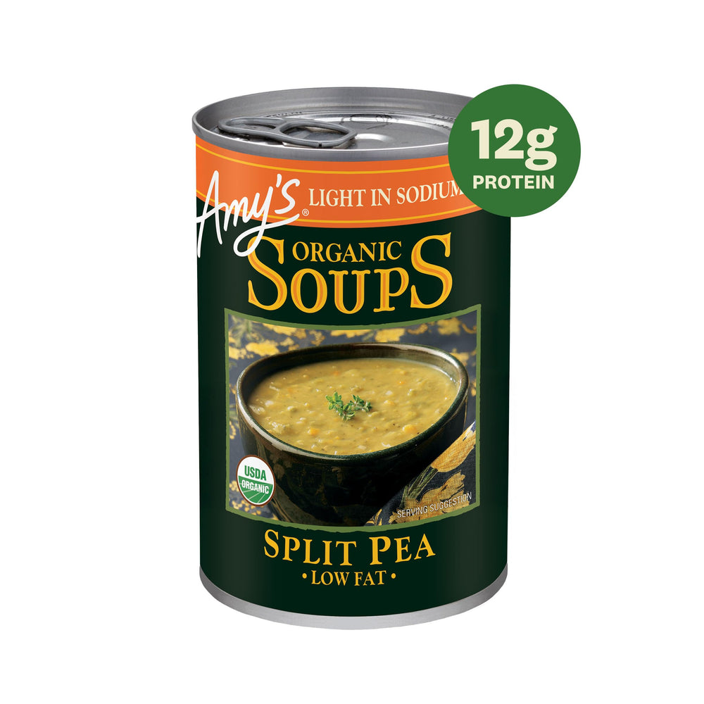 Amy's Split Pea Soup can label close-up, comforting flavor with easy heat-and-serve.