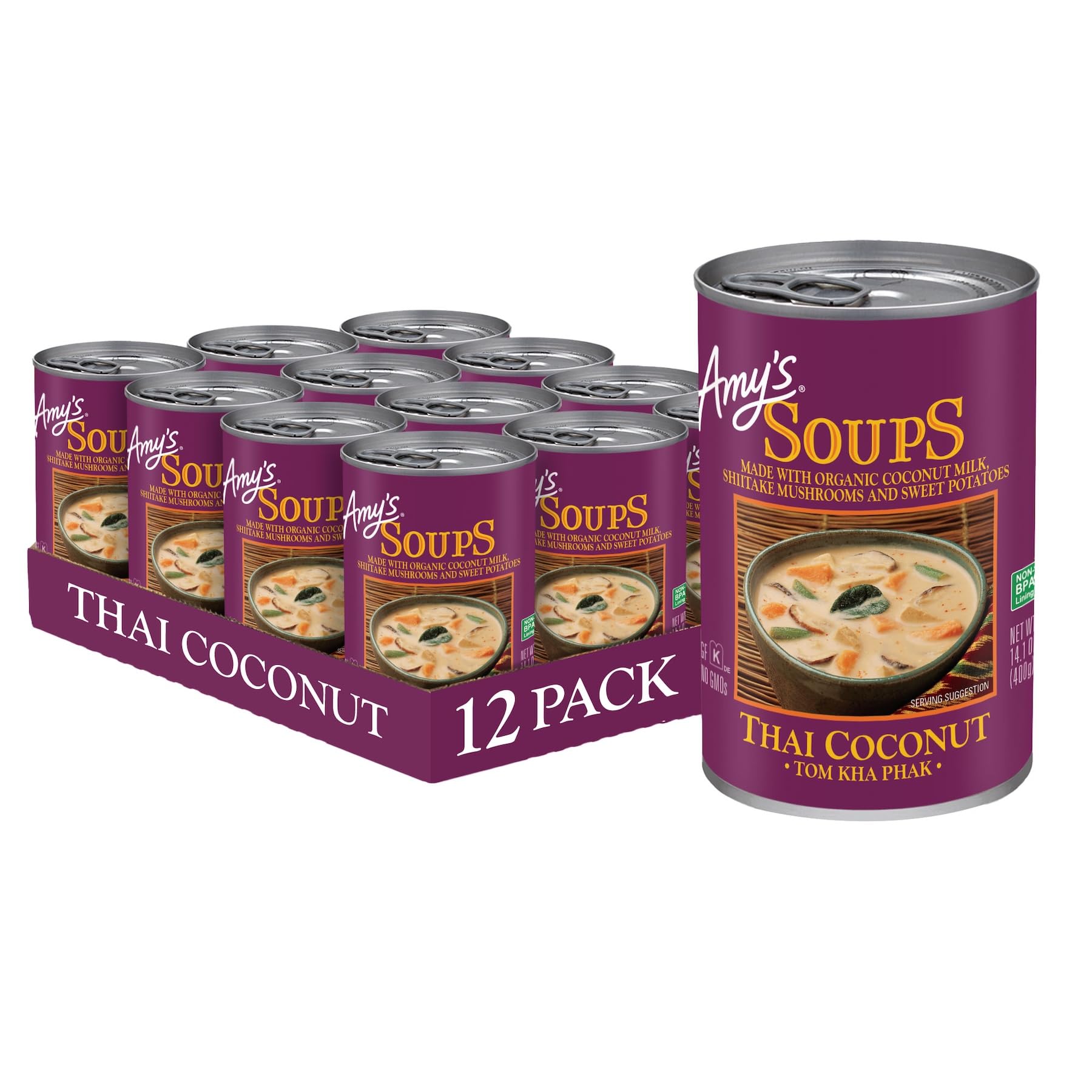 Amy's Thai Coconut Soup can shows rich coconut flavor for a quick vegan meal.