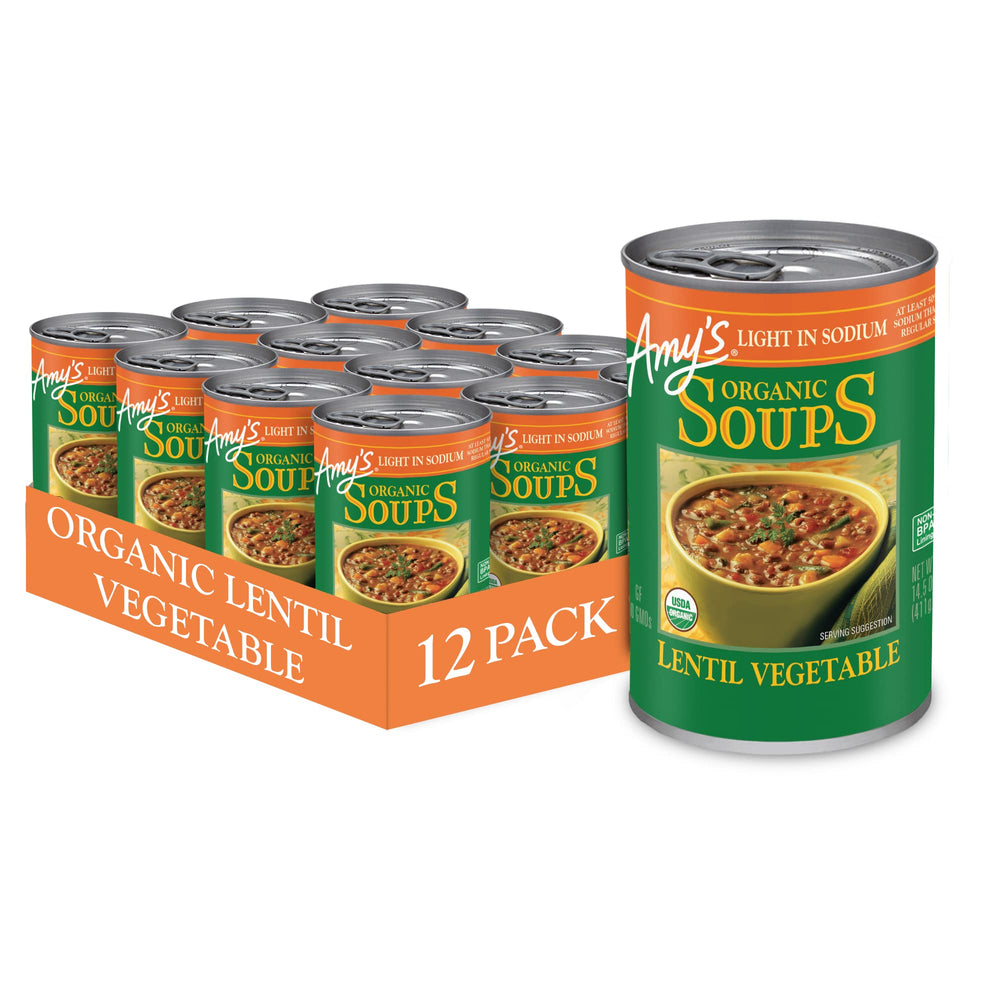 Amy's Lentil Vegetable Soup label highlights organic ingredients for quick meals